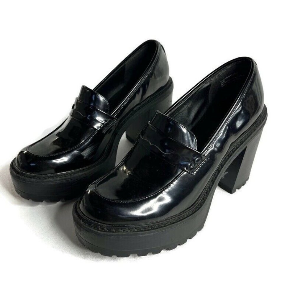 Madden Girl Womens Kassidy Black Penny Loafer Platform Chunky Heel Size 8.5